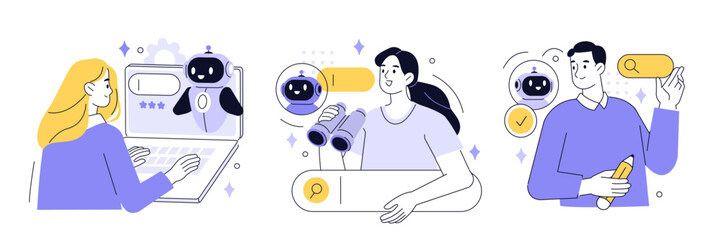 Wall Mural - ai search set. characters use artificial intelligence assistant for internet surfing, online searchi