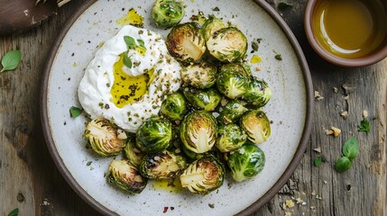 A plate of crispy Brussels sprouts served with a side of creamy labneh, garnished with a drizzle of olive oil, set against a rustic wooden table with natural light