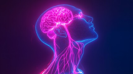 Fototapete - Neon Light Representation of Human Brain with Energy Connections