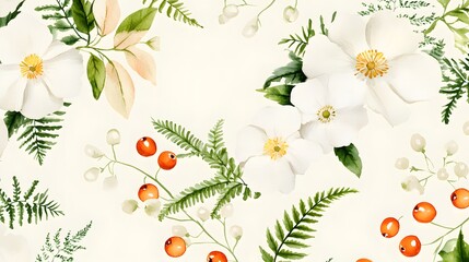 Wall Mural - Watercolor botanical pattern featuring white flowers red berries ferns