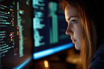 young woman programming at night with screens