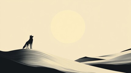 Leinwandbilder - Minimalist wolf silhouette against a full moon in a serene landscape with space for personalization. Generative AI