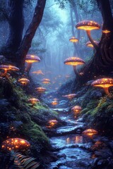 Wall Mural - Glowing mushrooms illuminate a serene forest stream at dusk