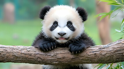 Wall Mural - Cute baby panda cub on branch, bamboo background, wildlife sanctuary
