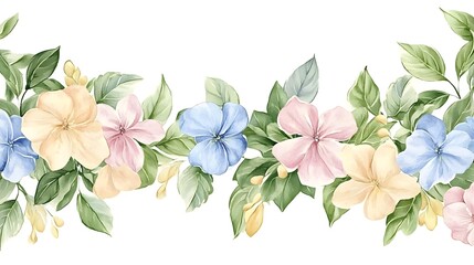 Wall Mural - Delicate Watercolor Floral Border Featuring Pastel Blossoms and Greenery