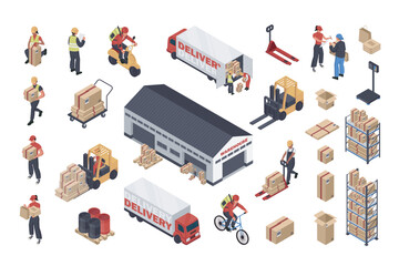 Wall Mural - Delivery 3d isometric mega set in flat design. Collection isometry elements of operators, workers with parcel boxes, couriers, packaging, warehouse, truck transportation, other. Vector illustration.