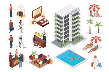 Aufkleber - Hotel service 3d isometric mega set in flat design. Collection isometry elements of building, apartment rooms, bedroom, reception desk, pool, administrator, maid, client, other. Vector illustration.