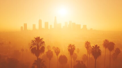 Wall Mural - vibrant orange sunset over the hazy sky and skyline of los angeles during twilight hours