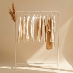 Aufkleber - Minimalist clothing rack showcasing neatly arranged garments in soft neutral tones for a serene display. Generative AI