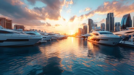 Wall Mural - boats docked in dubai marina with stunning sunset panorama over the water and city skyline