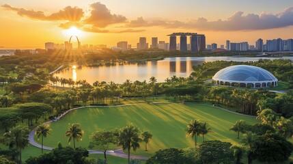 Wall Mural - view of city skyline at sunset with lake and park in foreground showcasing urban landscape and natur