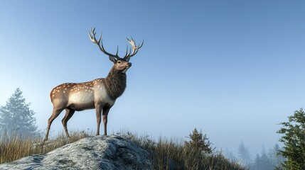 majestic deer atop mountain peak, misty forest background, wildlife photography