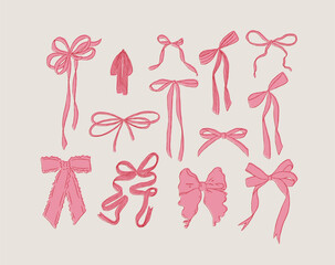 Wall Mural - Ribbon bows hand drawn sketch drawing with red and fill of pink on light background