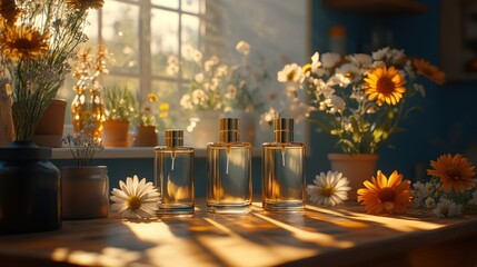 Wall Mural - Sunlit floral perfume bottles on windowsill