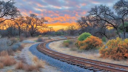 Wall Mural - train track at sunset with golden light illuminating the railway in warm tones and a scenic backgrou