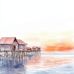 Aufkleber - Serene watercolor depiction of a fishing village with wooden houses on stilts by the calm sea at sunset. Generative AI