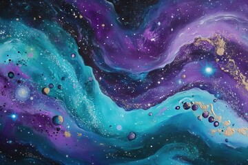 Wall Mural - a whimsical space landscape with iridescent nebulae swirling in deep purples and teals, dotted with glowing stars and cosmic dust
