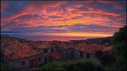 Wall Mural - sunset view over a city from ancient city walls in dubrovnik with vibrant colors and skyline silhoue