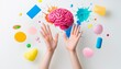 © Wimon - Two hands symbolically holding a representation of knowledge and creativity, surrounded by floating abstract shapes and a brain outline.