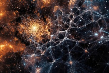 Wall Mural - abstract digital art depicting neural networks as luminous threads connecting geometric nodes in deep space