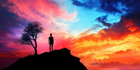 Canvas Print - man standing under tree on cliff at sunset