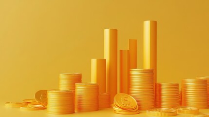 Sticker - Business profits, rising bar graph with golden coins, 3D illustration.