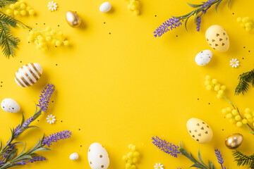 Wall Mural - festive yellow background featuring easter-themed elements, including painted eggs, lavender, and fo
