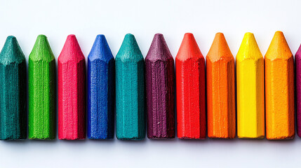 Wall Mural - Row of colorful crayons neatly lined up isolated on white background.