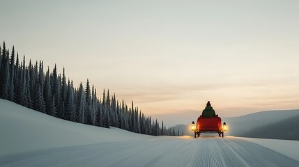 Wall Mural - A serene winter scene featuring a person in a sled traveling through a snowy landscape at dusk