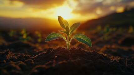 Wall Mural - Sunset seedling growth field agriculture nature