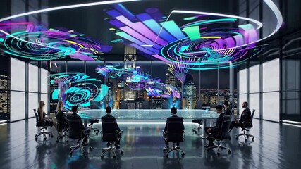 Fototapete - Innovative business meeting in a high-tech conference room with stunning city views at night