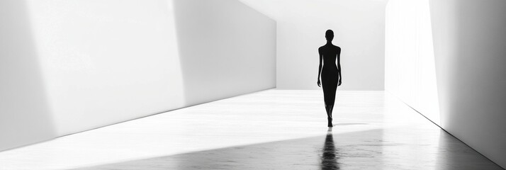 Fototapete - Monochromatic runway showcasing a figure walking with clean lines and soft lighting in a minimalist design environment. Generative AI
