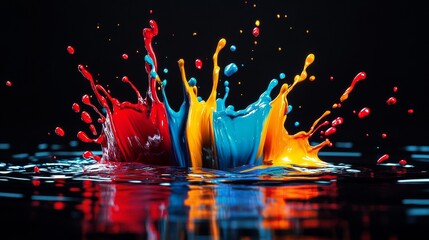 Wall Mural - vibrant paint explosion creating a dynamic abstract splash on reflective surface