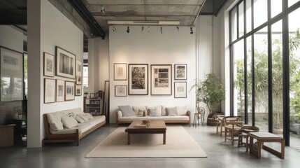 Wall Mural - Modern art gallery interior, minimalist furniture, large windows, tranquil garden view