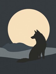Leinwandbilder - Silhouette of a wolf against a full moon in a minimalist night landscape with space for text. Generative AI
