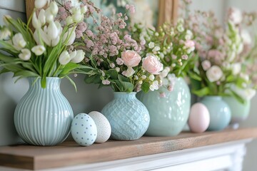 Easter mantel decoration styling features beautiful vases with flowers and decorative eggs arranged on wooden shelf. Concept focuses on easter mantel decoration styling for festive ambiance