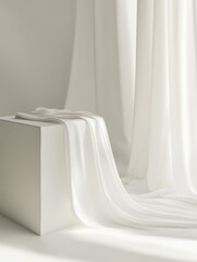 Fototapete - Minimalist clothing display showcasing neutral textures with draped fabric on a sleek surface in a serene environment. Generative AI
