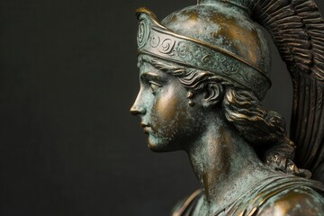 bronze sculpture of athena, greek goddess of wisdom, weathered patina finish with dramatic shadows and classical details