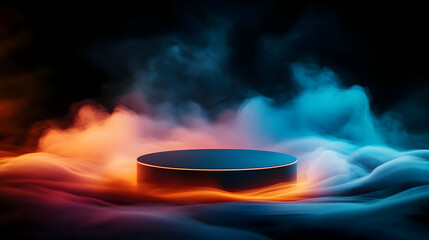 Wall Mural - a captivating abstract scene featuring a round platform enveloped in vibrant, colorful smoke, creati