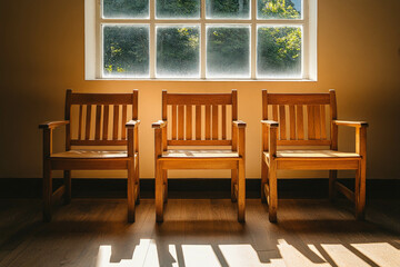 Wall Mural - A Wooden Juror Box In A Courtroom, Empty Chairs, Somber Atmosphere, Sunlight Through High Windows