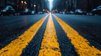 Sticker - Wet city street, double yellow lines, blurred background, traffic