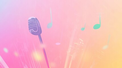 Fototapete - K pop inspired minimalist background featuring music notes and microphones in a vibrant pastel color scheme. Generative AI