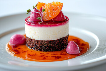 Poster - Elegant layered dessert with fruit, jelly, and chocolate crumble, resting on a plate with bright citrus sauce.