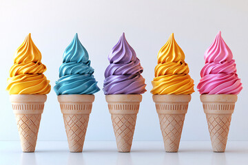 Canvas Print - Five colorful, swirled ice cream cones, each a different pastel hue, stand in a row on a white surface.