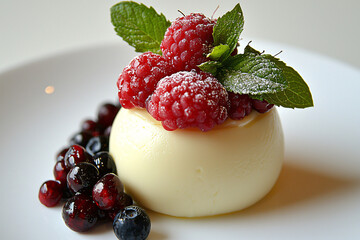 Wall Mural - Elegant panna cotta dessert adorned with fresh raspberries, mint leaves dusted with sugar, and a side of juicy blueberries.