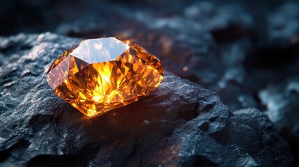 Canvas Print - A close-up shot of a glowing orange diamond on a dark textured surface, showcasing its brilliance and radiant light.