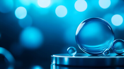 Wall Mural - close-up of water droplets on a metallic surface with a blue bokeh background, creating a refreshing