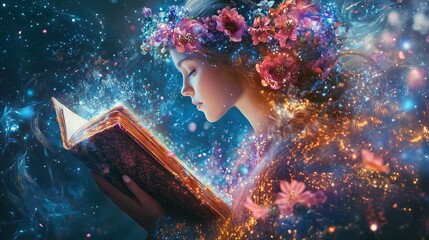 Ostara witchy, Dreamy Ostara illustration of a mystical woman with soft pastel curls, encircled by delicate floral patterns and glowing stars