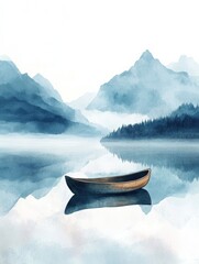 Poster - Serene watercolor illustration of a single rowboat on a calm mountain lake at dawn with a blank sky for text. Generative AI