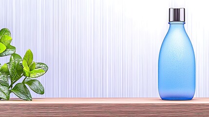 Wall Mural - A sleek blue water bottle sits on a wooden shelf next to fresh green leaves against a soft backdrop